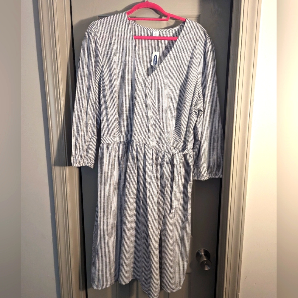 Old Navy blue & white striped wrap dress